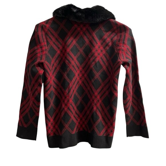 Anne Klein Sweater Jacket M Red Plaid Black Faux Fur Collar Full Zip Cardigan - Picture 3 of 13